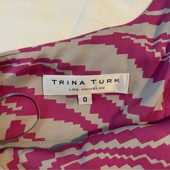 Trina Turk Sz 0 Stripes Cold Shoulder One Shoulder 95% Silk Dress Pink Gray - Picture 3 of 8